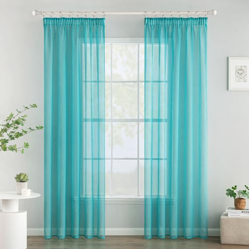 Woaboy Gardinen mit Kräuselband Voile Vorhänge Wohnzimmer Transparent Sheer Curtains Stores Gardine Schlafzimmer Modern Schlaufengardinen 2er Set 140x245cm (BxH) Türkis