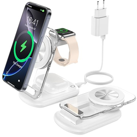 Stazione di ricarica pieghevole 3 in 1, caricabatterie Mag Safe, stazione di ricarica Mag-Safe da viaggio compatibile con iPhone 15 14 13, IWatch Ultra 2, Serie 9, AirPods Pro