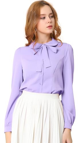 Allegra K Camisa de manga larga abombada con cuello Peter Pan para mujer, blusa de gasa con lazo en el cuello, camisa de trabajo con botones, morado claro, M