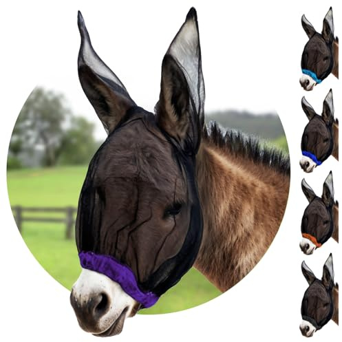 Donkey Fly Mask with Long Ears - (Purple) Mini Donkey Fly Mask with Ears Protection from Insects and Bugs, Soft Mesh Fabric with Adjustable Fastener, Flymask for Donkeys Made in USA