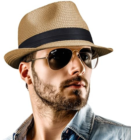 Straw Fedora Hat for Women Men Packable Short Brim Roll Up Trilby Hat Adjustable Panama Summer Beach Sun Hat UPF 50+ S/M Brown