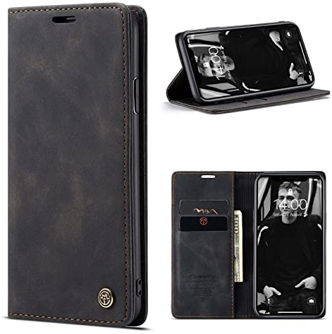 owlhold Handyhülle für iPhone XR Hülle, Premium Lederhülle Weiches Vintage-Nubukleder Faltbare Ständer Klapphülle Kartenfach Standfunktion stoßfest Schutzhülle für iPhone XR -Schwarz
