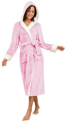 RONGTAI Bata con capucha de forro polar de felpa para mujer, camisón grueso, bata larga, ropa de dormir con dos bolsillos laterales y cinturón, Rosa, XL