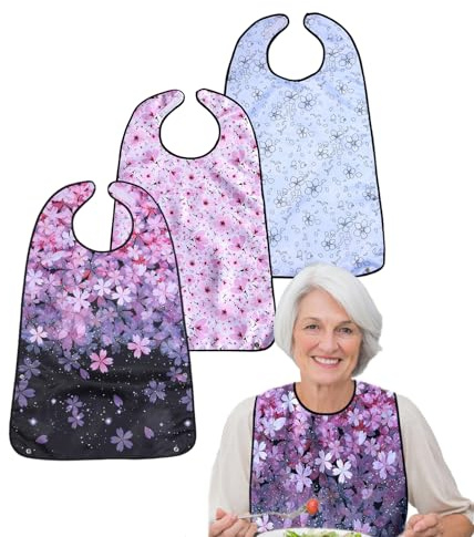 Meituseo 3 Pack Premium Adult Bibs For Women，Elderly Seniors and Disabled Large Bib， Washable Long Bib Clothing Protector With Crumb Catcher And Velcro Adjust