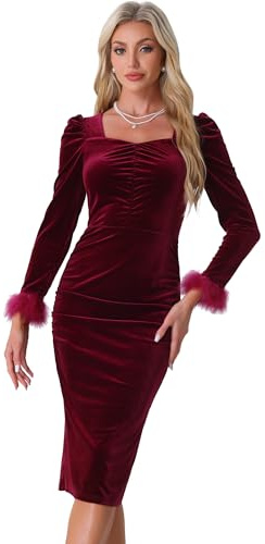 Allegra K Vestido de Manga Larga para Mujer de Terciopelo Cuello Cuadrado Vestidos Midi Invitados de Boda Borgoña L