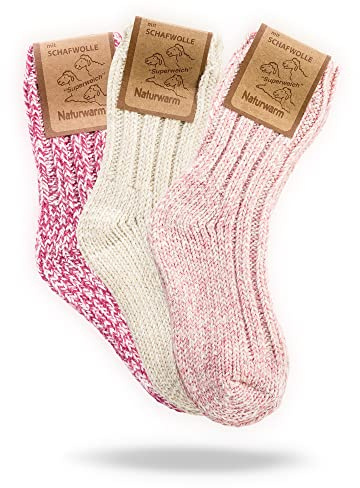 FEINSCHÖN 3 Paar Sehr Warme Norweger Socken für Baby und Kinder, Dicke Wollsocken mit Plüschsohle, Wintersocken in verschiedenen Varianten (27-30, Weiß - Rosa Mix)