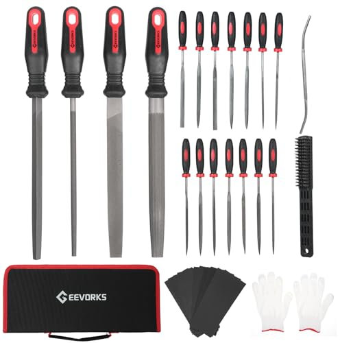 Geevorks - Juego de 33 escofinas de metal y madera, acero de aleación forjada de grado T12, herramientas de lima con mango con bolsa portátil para trabajos en metal, media