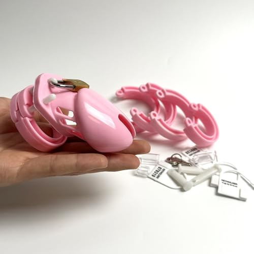 Male Penis Cage Chastity Belt, BDSM Bondage Silicone Chastity Cage Chastity Device with 4 Different Sizes Cock Rings Sex Toys for Men (Pink Short)