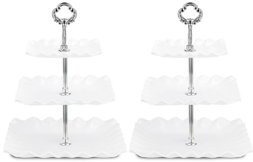 NWK Pack of 2 Large Square 3-Tier Cupcake Stand 30cm Height Plastic Cake Stand Food Round Display for Wedding Birthday Graduation Afternoon Tea Party