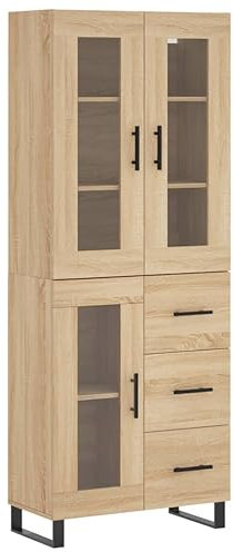 Modern High Sideboard in Grey Pine and Oak Brown Plywood Space Saving Storage Cabinet for Living Room and Kitchen 69.5 cm Wide Stylish Furniture with Drawers and Cupboard
