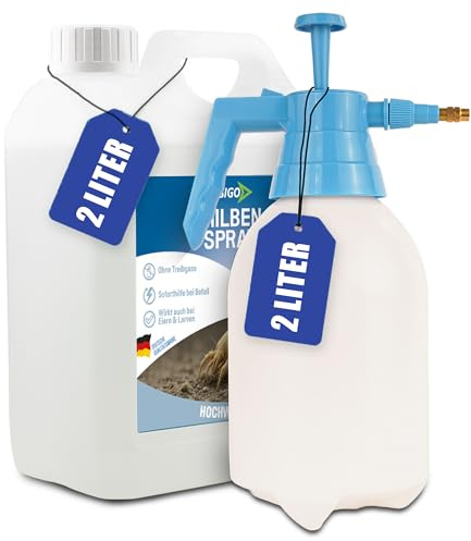 INSIGO Milben Spray 2L Kanister + 500ml Sprühflasche - Milbenmittel mit mechanischer Wirkung - Effektive Milben Abwehr für Haustaubmilben im Haus - Milben Spray mit Sofortwirkung
