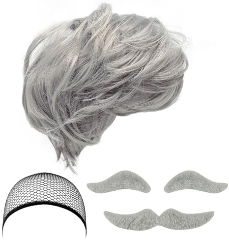 MIVAIUN 5 Stück Opa Kostüm Set, Opa Perücke, Perücke Herren, Schnurrbart zum Ankleben, Augenbrauen, Perückenkappe, Alter Mann Kostüm, Herren Kostüm für Halloween Weihnachten Cosplay Mottoparty(Grau)
