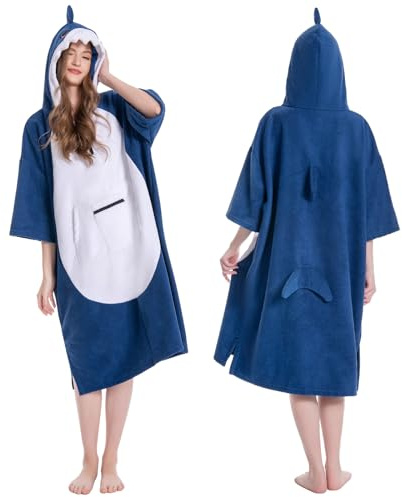 OLAOLA Surf Poncho Changing Towel for Men Women | Quick Dry Microfiber Robe with Hood and Pocket, Swim Cover-Up for Surfing, Shark, Adult