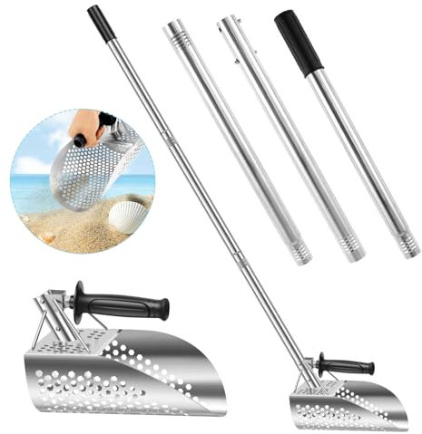Beach Sand Scoop 55Inch Adjustable Long Handle Beach Shovel 201 Stainless Steel Metal Detecting Shovel Detachable Beach Treasure Hunting Scoop for Sand Sifting and Treasure Finding (with Handle)