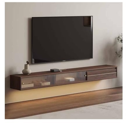 Banc TV Meuble TV Flottant, Meuble TV Mural 55,1/70,8 avec Portes coulissantes en Verre et tiroir, Centre de Divertissement Flottant Moderne en Noyer for sous la TV Meuble TV(140cm)