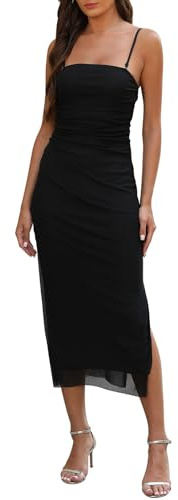 Adigaber Vestido de Verano para Mujeres Tirantes Estampados Abertura Lateral Malla Equipado Maxi Vestido