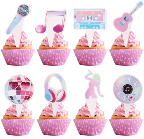 24 Pcs Music Birthday Decorations Popular Music Party Cupcake Toppers Super Star Music Lover Cake Decorations丨Singer Themed,Girls Birthday,Fans Celebration,Concert,Girls Night Party Supplies