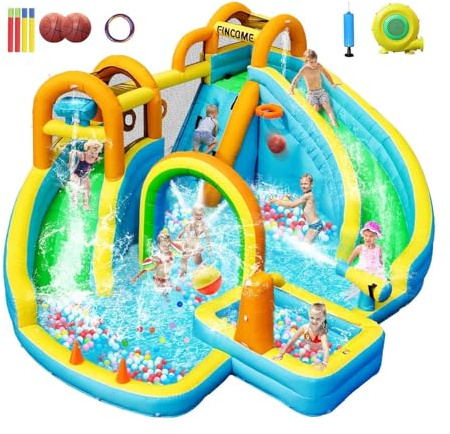 FINCOME Inflatable Water Slide, Bounce House with 2 Slide for Kids, Inflatable Waterslide Park with Splash Pool, Basketball Hoop, Ball Shooting & Water Cannon for Backyard, Outdoor, Indoor