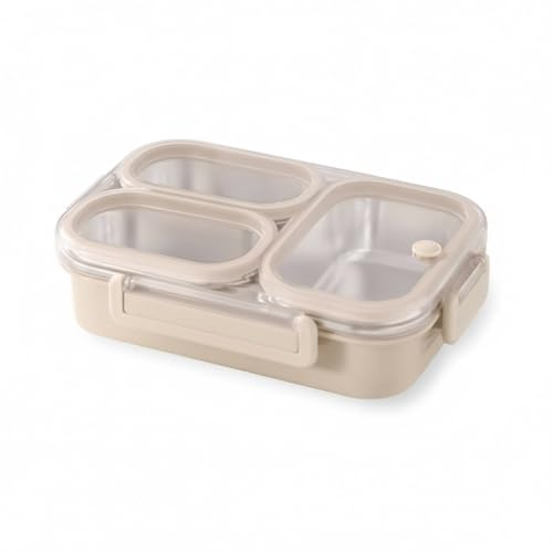 Donkoy Metal Lunch Box with 3 Dividers - Breakfast Box and Food Box Made of 304 Stainless Steel 800 ml for School, Office and Travel Stainless Steel Tin, Ideal for All Ages (1, White, 800 ml)