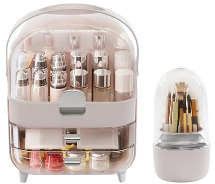 JUDEMII Organizador de maquillaje, organizador de cosméticos con caja de almacenamiento de pinceles, almacenamiento de cosméticos a prueba de agua y polvo, caja de maquillaje para tocador, encimera