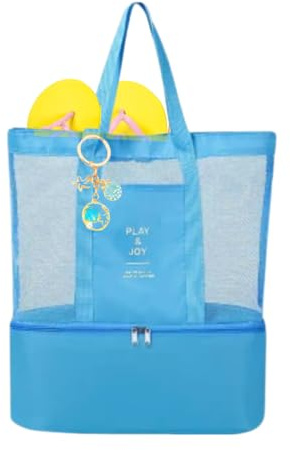 Genérico Bolso de Playa Grande con Compartimientos, Impermeable,Bolsa de Malla con Cremallera para Viaje, Camping, Piscina, Incluye Llavero Marino