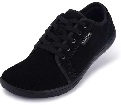 WHITIN Women's Genuine Leather Wide Barefoot Shoes Size 8 Zero Drop Wide Toe Box Minimalist Fashion Sneakers Walking Tennis Gym Jogging Workout Drive Flat Black 39