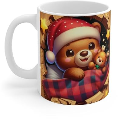 Teecustom Tasse Ourson de Noël – Mug Céramique 325ml – Cadeau Hiver avec Doudou Renne et Bonnet Rouge