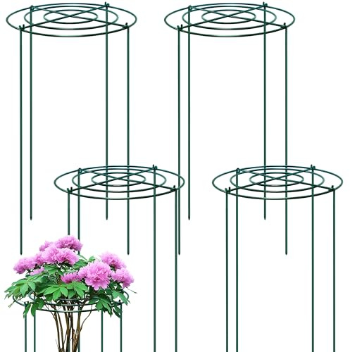 TIKTALK 4 Stück Pfingstrosen Halterung/Pflanzringe Rund (30cm Ø x 60cm H), Stabile Grüne Metall-Staudenhalter mit 4 Beinen – Pflanzenstützen für Pfingstrose, Rose – Rostfrei & Wetterfest