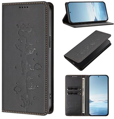 BEENTRYS Cuero PU Funda para Motorola Moto E13 2023 4G Funda,Carino Gato Cartera con Tapa Ranuras para Tarjetas Soporte Magnético Flip Case Protección RFID Antigolpes Carcasa-Negro