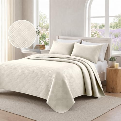 CYCMACO Gesteppt Tagesdecke 260x260cm, Steppdecke Doppelseitiges Design, Tagesdecke Knitterarme Und Atmungsaktive, Mikrofaser Bettdecke Mit Prägemuster, Weich, Beige