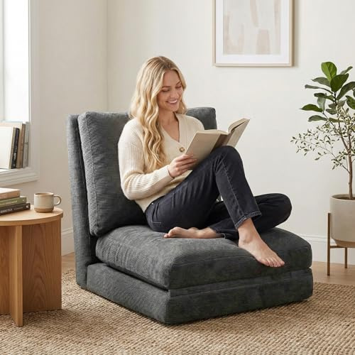 Sitzsack-Bett Klappbares Cordsofa, 4-in-1-Wandelbare Bodencouch mit hochdichter Schaumstofffüllung, abnehmbarer und maschinenwaschbarer Bezug für Wohnzimmer, Studentenwohnheim, Gästebett (Grau)