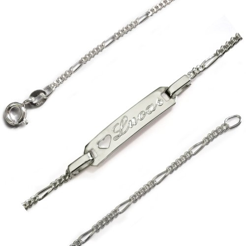 Babyarmband - Taufarmband ID mit SOFORTGRAVUR + VORSCHAU- Gravur 13 cm - 15 cm Sterling Silber 925 gestempelt : Figaro Glieder, Gravurplatte mit ausgeschnittenem Herz