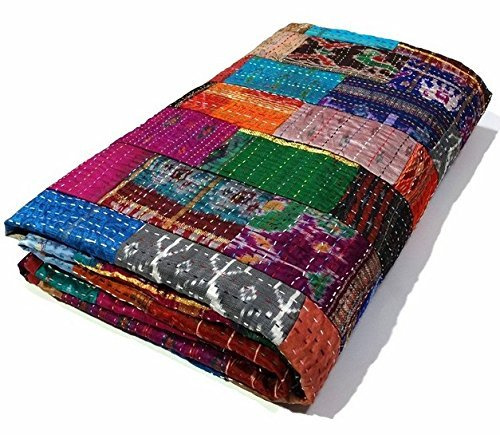 Manglam Arts Patchwork-Tagesdecke, Queen Size, Seide, 228,6 x 274,3 cm