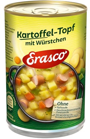 Erasco Kartoffel-Topf mit Würstchen (1 x 400g), In rund 5 Minuten fertig - Mit zarten Bockwurstscheiben und herzhaften Speckstückchen - Einfach lecker