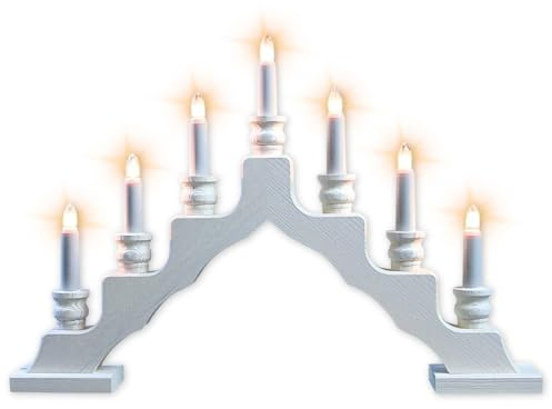 weigla - Schwedenleuchter original Erzgebirge I Trendiger Schwede WEIẞ I Schwibbogen Weihnachten I 7 Lampenkerzen + 1 Ersatzlampe I 7 x 34 V, 3 W, E10 I Weihnachtsdeko innen I Kiefernholz