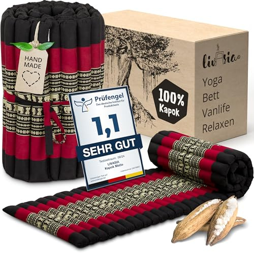 livasia Rollmatte Rollmatratze S schmal - 200x50x4,5cm - Gästebett Gästematratze 1 Person mit Muster, Reisebett Kofferraum outdoor, Thaimatte Kapok für Garten Balkon handgefertigt (Schwarz/Elefanten)