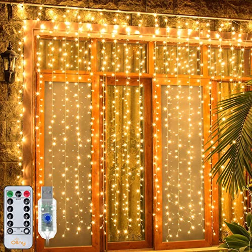 Ollny Lichtervorhang innen aussen, 3x3m 300 LED Lichterkette außen innen USB mit Fernbedienung Timer, dimmbar Lichterketten Vorhang für Fenster Weihnachten Schlafzimmer Wand(warmweiß)