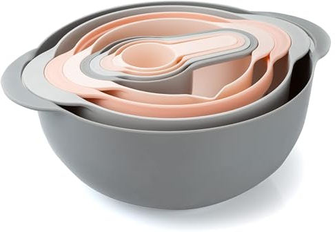 COOK WITH COLOR 8 Piece Nesting Bowls with Measuring Cups Colander and Sifter Set - Includes 2 Mixing Bowls, 1 Colander, 1 Sifter and 4 Measuring Cups, Pink, Dark Grey