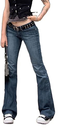 PDYLZWZY Damen Y2K Low Rise Straight Wide Leg Hose Ästhetische Baggy Pants Grunge Denim Schlaghose Harajuku Flare Jeans (A, S)