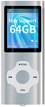 MP3 MP4 Player, Micro SD TF Card Slim Classic Digital LCD 1.8'' Screen Mini USB Port with FM Radio, Voice Record,silver,32GB