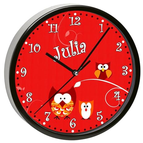 CreaDesign, Wanduhr für Kinderzimmer Eule rot, Kinderuhr schwarz mit Quarz Uhrwerk, personalisiert mit Name, Durchmesser 19,5 cm