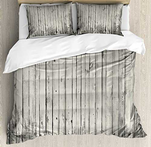 Ambesonne Rustic Duvet Cover Sets, Old Fashioned Garden Fence Planks Retro Grunge Toned Murky Woods Picture, Bedding Set with 2 Duvet Covers & 4 Pillowcases, 2 Pack King Size, Pale Grey Pearl Dust