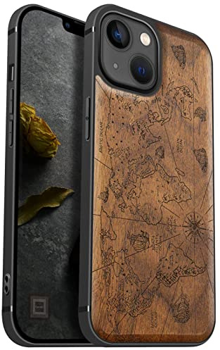 Carveit Handyhülle für iPhone 13 Holz Cover kompatibel MagSafe mit Apple & QI drahtlosen magnetischen Ladegeräten Massivholz Kompatibel mit 13 hulle（Nussbaum-Weltkarte）