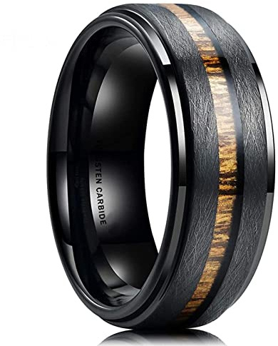 Lyx 8mm Mäns Svart Volfram Carbide Ring Hawaiian Koa Wood Inlay Matt borstad finish Män's Promise Ring Men Wedding Band