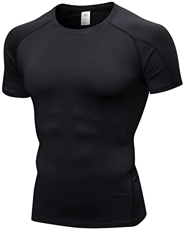 Yishengwan kompressionströja herr kortärmad funktionell skjorta sport löpartröja andas sportskjorta män för löpning träning fitness gym, svart, L