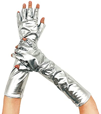 Glänsande fingerlösa handskar, metalliska glitterhandskar glans 35 cm tillbehör handskar prinsessa show dansare flapper flicka aftonklänning kostym karneval svensexa temafest dansshow, silver