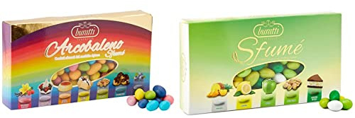 Buratti Confetti Multi Sapore e Multicolore, Tenerezze Sfumè Arcobaleno - 1000 g & con Mandorle Tostate Ricoperte di Cioccolato, Bianco ai Molteplici Gusti, Tenerezze Sfumè Verde - 1000 g
