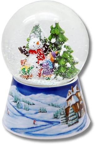 Schneekugel Weihnachten mit Musik | 2 Kinder Bauen Schneemann | Sockel nostalgische Schneelandschaft | H: 14cm B: 10 cm | Weihnachten Winter mit Spieluhr | 20154