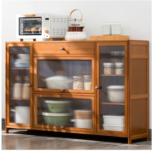 ARMERI Vitrinenschrank, Buffet-Schrank, Bambus Esszimmerschrank, Sideboard, mit Schubladen, Buffet Vitrine, Wohnzimmerschrank für Wohnzimmer, Küche, Esszimmer,A,135×84cm/53×33in
