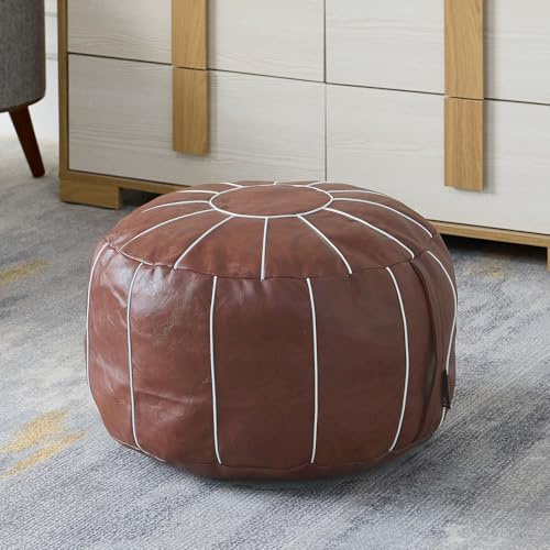 Louis Donné Pouf ottomano rotondo in stile marocchino, non imbottito, fatto a mano, in ecopelle, per soggiorno, camera da letto o balcone (marrone)